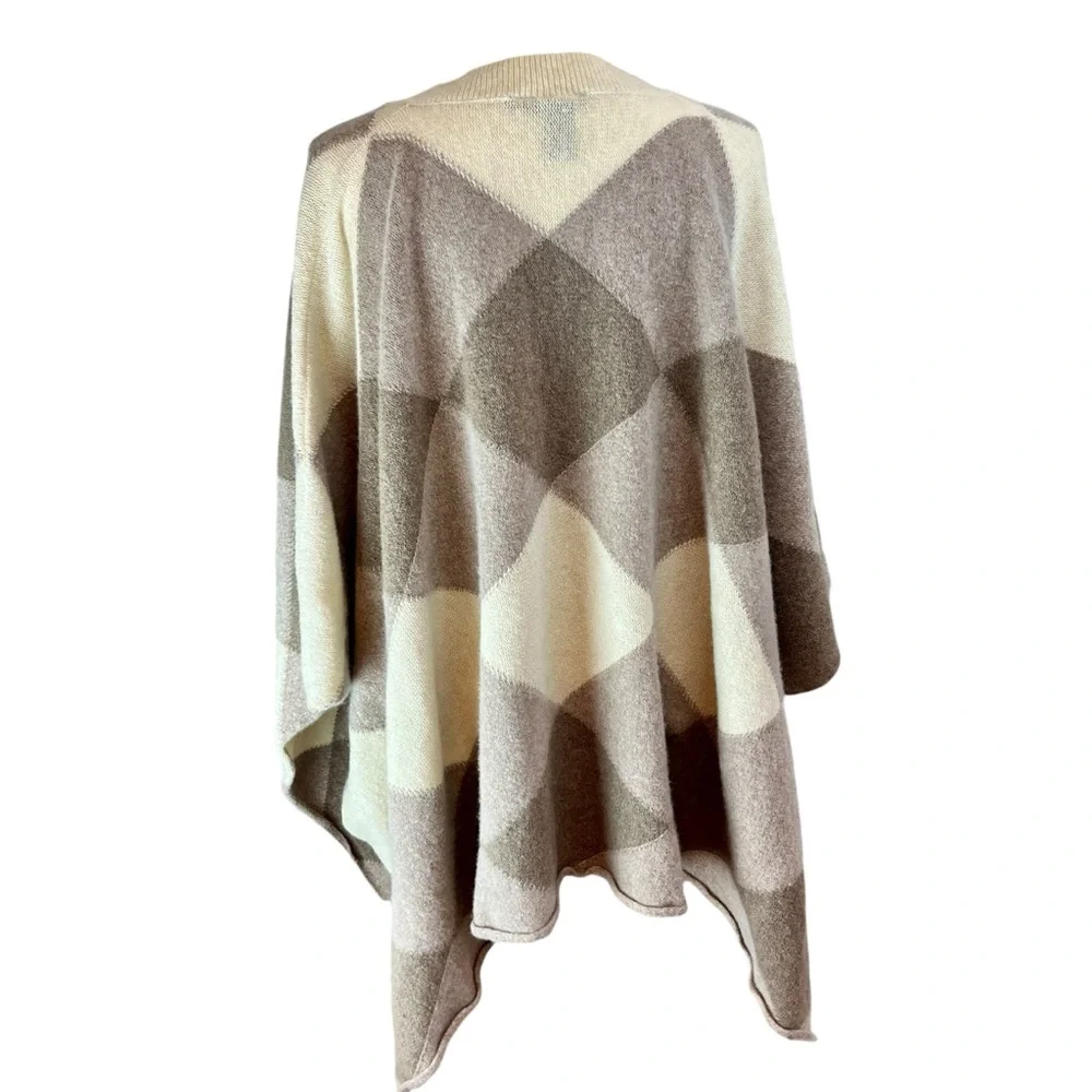 BOSTON PROPER Tan Cream Patchwork Poncho One Sz Lambswool Fall Pullover‎ Casual